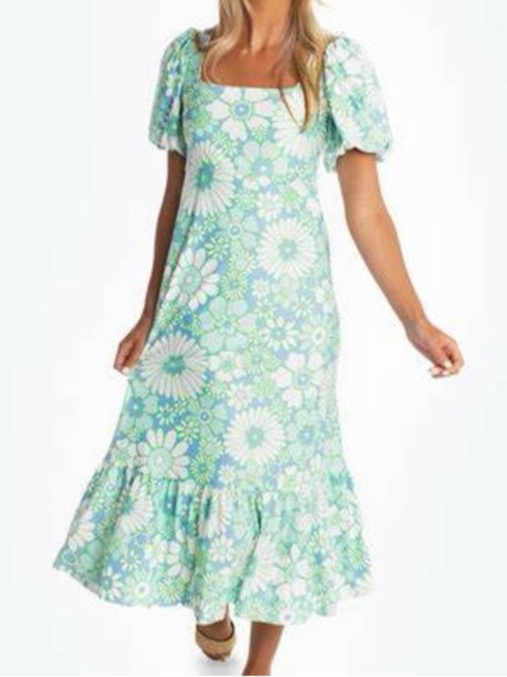 Floral Square-Neck Midi Dress in Mint Green